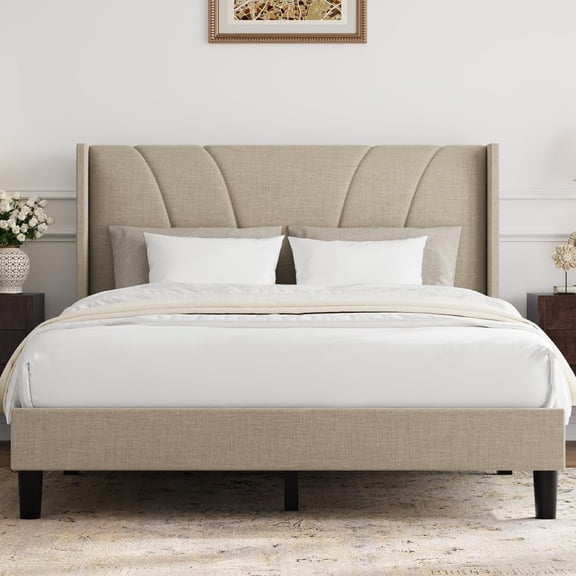 Novilla Full Size Bed Frame, Full Bed Frame with Headboard, Linen Upholstered Wing Side Headboard, No Box Spring Needed, Heavy Duty Feet, Easy Assembly, Beige