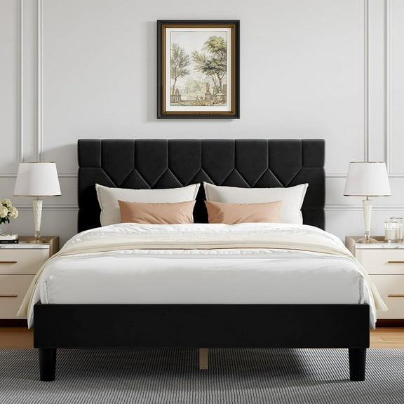 Novilla Full Size Bed Frame, Full Bed Frame with Headboard, Velvet Upholstered Pull-Point Headboard, No Box Spring Needed, Heavy Duty Feet, Easy Assembly, Black Velvet