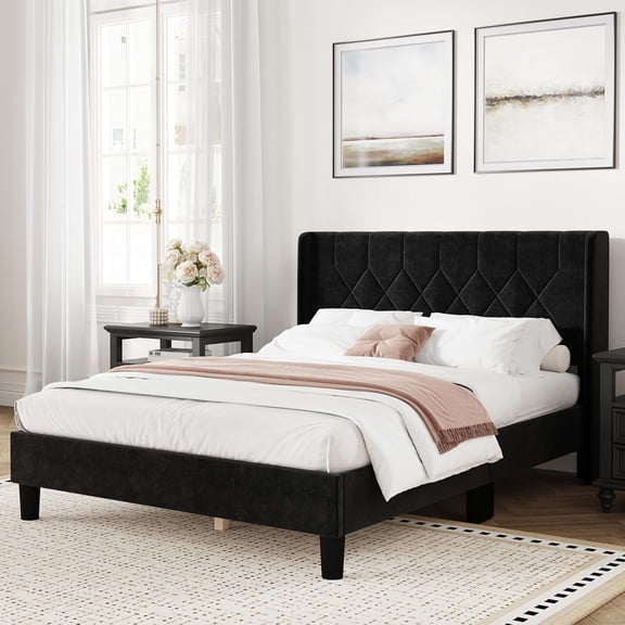 Novilla Full Size Bed Frame, Full Bed Frame with Headboard, Velvet Upholstered Pull-Point Wing Side Headboard, No Box Spring Needed, Heavy Duty Feet, Easy Assembly, Black Velvet