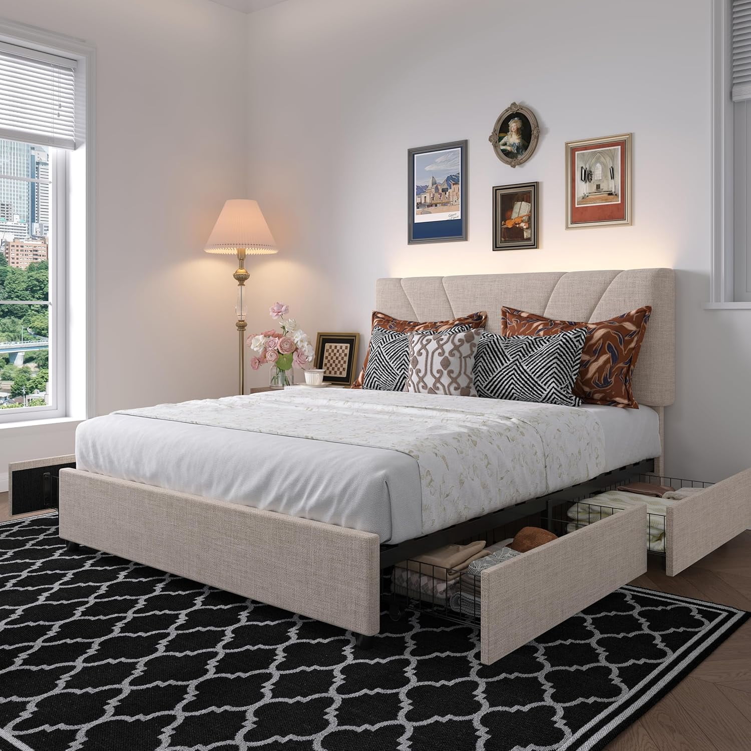 Novilla Full Size Bed Frame, Full Size Bed Frame with Headboard, Full Size Bed Frame with Storage Drawers, Full LED Bed Frame, Charging Station and Adjustable Headboard, No Box Spring Needed, Beige