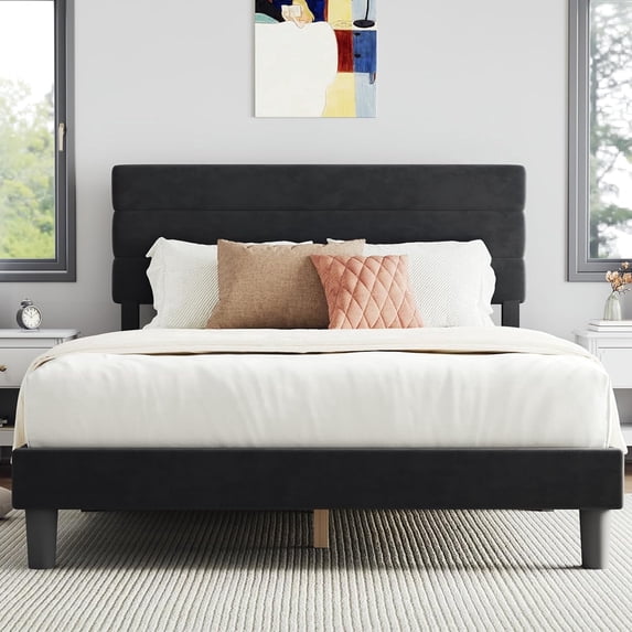 Novilla Full Size Platform Bed Frame with Velvet Headboard, Full Bed Frame with Wooden Slats Support, Fully Upholstered Mattress Fundation, No Box Spring Needed, Heavy Duty Feet, Easy Assembly, Black