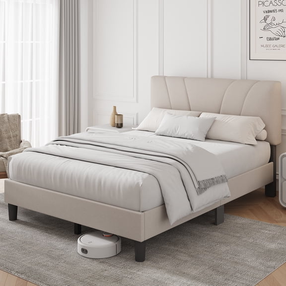 Novilla Full Size Platform Bed Frame with Linen Fabric Adjustable Upholstered Headboard, No Box Spring Needed, Beige