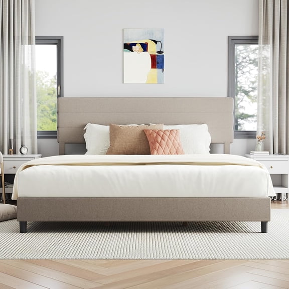Novilla King Bed Frame and Headboard, King Bed Frame, Linen Upholstered Stripe Bed Frames, No Box Spring Needed, Heavy Duty Feet, Easy Assembly, Beige