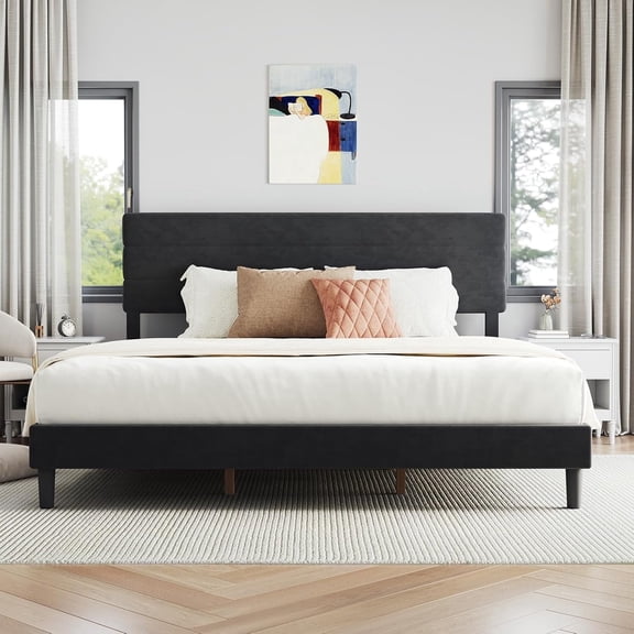 Novilla King Size Platform Bed Frame with Velvet Headboard, King Bed Frame with Wooden Slats Support, Fully Upholstered Mattress Fundation, No Box Spring Needed, Heavy Duty Feet, Easy Assembly, Black