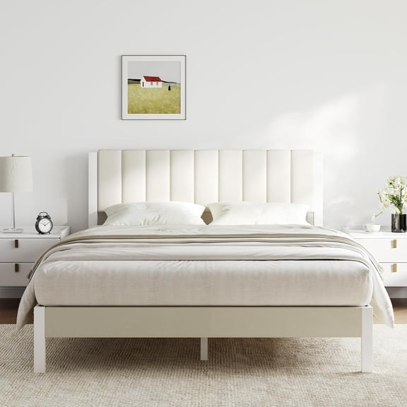 Novilla King Bed Frame with Piano Keys Headboard and Footboard, Metal Platform Bed Frames King Size, No Box Spring Needed, Easy Assembly, Steel Slats Support, Velvet White