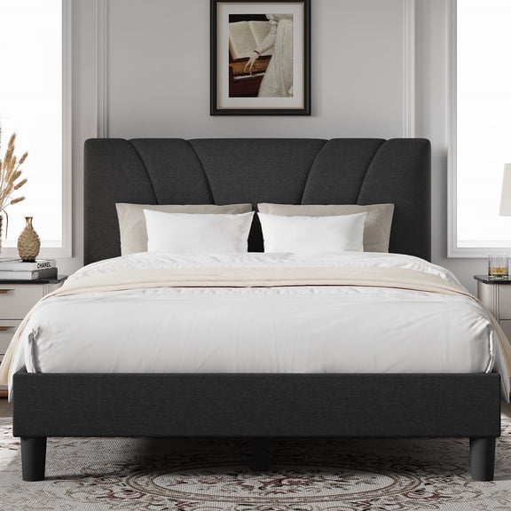 Novilla King Size Bed Frame with Adjustable Headboard Platform King Bed Frame Linen Fabric Upholstered Headboard, No Box Spring Needed, Noise-Free, Wooden Slats Support, Easy Assembly, Dark Grey