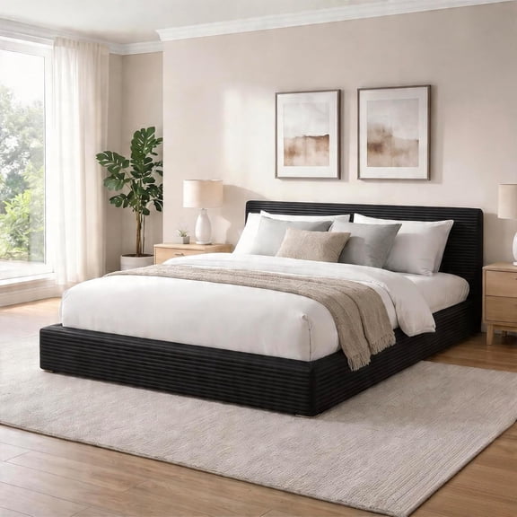 Novilla King Size Bed Frame, Plush CloudSoft Bed, Corduroy Upholstered Platform Bed Frame with Headboard, Easy Assembly, No Box Spring Needed, Modern Soft Bed Frame, Black