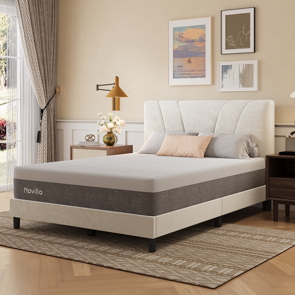 Novilla King Size Platform Bed Frame with Velvet Fabric Adjustable Upholstered Headboard, No Box Spring Needed, White Velvet