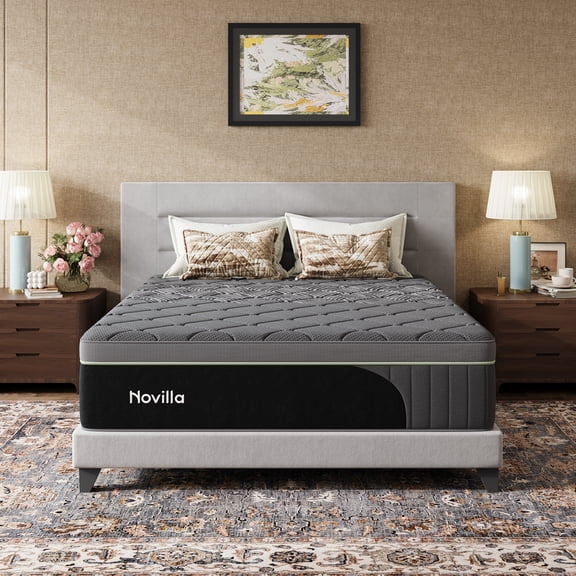 Novilla PoemEase 12 Inch Queen Size Cooling Hybrid Mattress, Graphene Fabric, Gel Memory Foam, Temperature Balance, Full-Body Support, Pocket Springs, Reinforced Edges