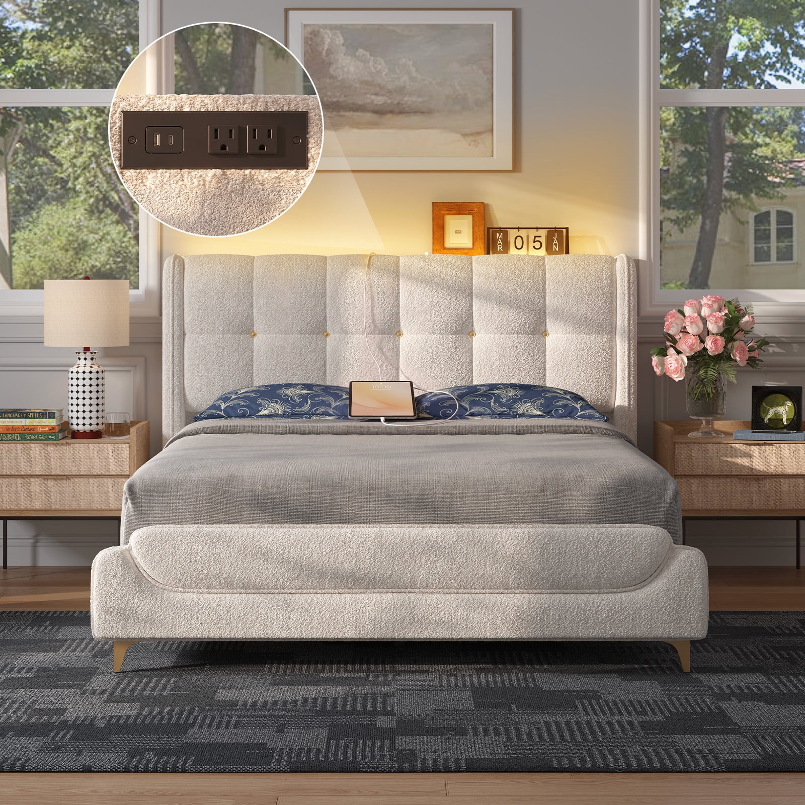 Novilla Queen Bed Frame with Charging Station & LED Lights, Upholstered French Luxury Platform Bed with Wingback Headboard, Lamb Wool Fabric, No Box Spring Needed, Easy Assembly, Cream White