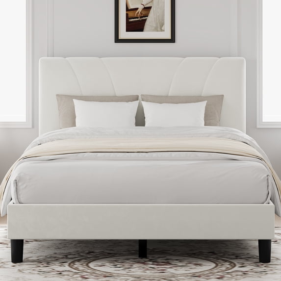 Novilla Queen Bed Frame with Headboard, Bed Frame Queen Size with Wood Slats Support,Linen Upholstered Adjustable Headboard, No Box Spring Needed, Heavy Duty Feet, Easy Assembly, White