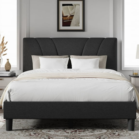 Novilla Queen Bed Frame with Headboard, Bed Frame Queen Size with Wood Slats Support,Linen Upholstered Adjustable Headboard, No Box Spring Needed, Heavy Duty Feet, Easy Assembly, Black