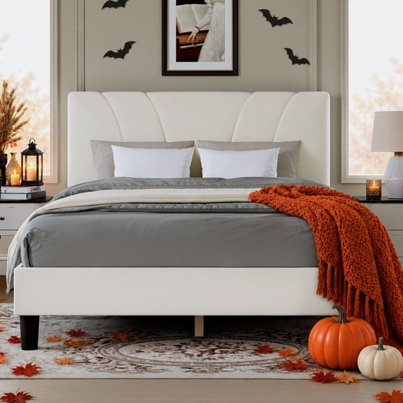 Novilla Queen Bed Frame with Headboard, Bed Frame Queen Size with Wood Slats Support,Linen Upholstered Adjustable Headboard, No Box Spring Needed, Heavy Duty Feet, Easy Assembly, White