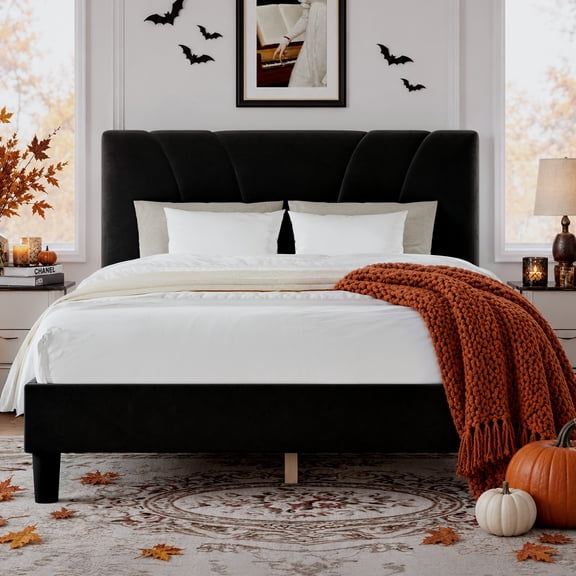 Novilla Queen Bed Frame with Headboard, Bed Frame Queen Size with Wood Slats Support,Linen Upholstered Adjustable Headboard, No Box Spring Needed, Heavy Duty Feet, Easy Assembly, Black