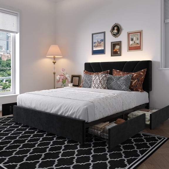 Novilla Queen Bed Frame with Headboard, Queen Bed Frame with Drawers, Queen Bed Frame with LED Lights, Charging Station and Adjustable Headboard, No Box Spring Needed, Black Velvet