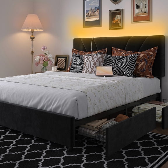 Novilla Queen Bed Frame with Headboard, Queen Bed Frame with Drawers, Queen Bed Frame with LED Lights, Charging Station and Adjustable Headboard, No Box Spring Needed, Black Velvet