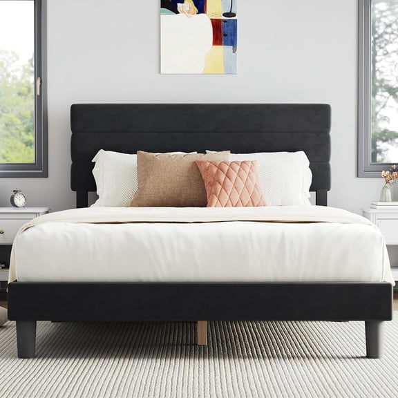 Novilla Queen Size Platform Bed Frame with Headboard, Queen Bed Frame with Wooden Slats Support, Fully Upholstered Mattress Fundation, No Box Spring Needed, Heavy Duty Feet, Easy Assembly, Black