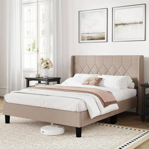 Novilla Queen Size Bed Frame, Queen Bed Frame with Headboard, Linen Upholstered Pull-Point Wing Side Headboard, No Box Spring Needed, Heavy Duty Feet, Easy Assembly, Beige