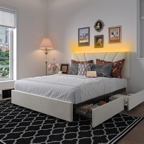 Novilla Queen Size Bed Frame, Queen Bed Frame with Headboard, Queen Bed Frame with Drawers, LED Bed Frame Queen Size, Charging Station and Adjustable Headboard, No Box Spring Needed, White Velvet