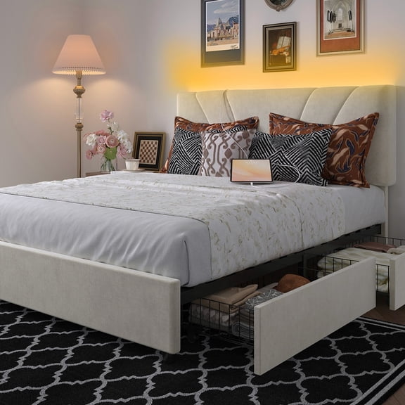 Novilla Queen Size Bed Frame, Queen Bed Frame with Headboard, Queen Bed Frame with Drawers, LED Bed Frame Queen Size, Charging Station and Adjustable Headboard, No Box Spring Needed, White Velvet