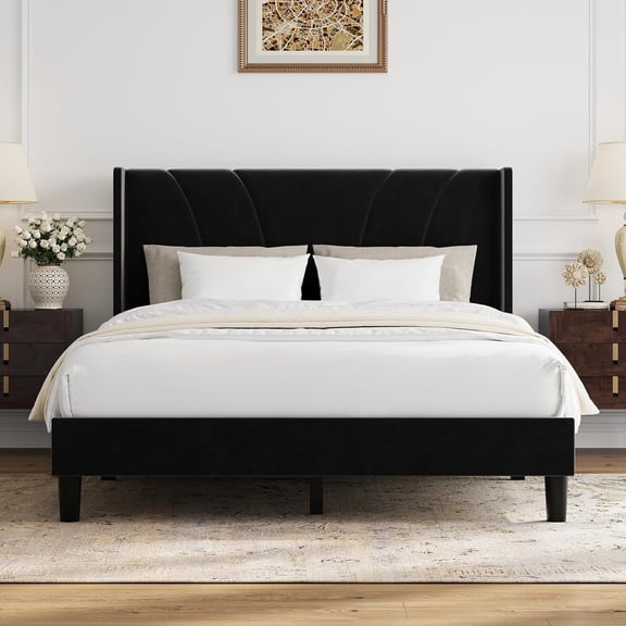 Novilla Queen Size Bed Frame, Queen Bed Frame with Headboard, Velvet Upholstered Wing Side Headboard, No Box Spring Needed, Heavy Duty Feet, Easy Assembly, Black Velvet