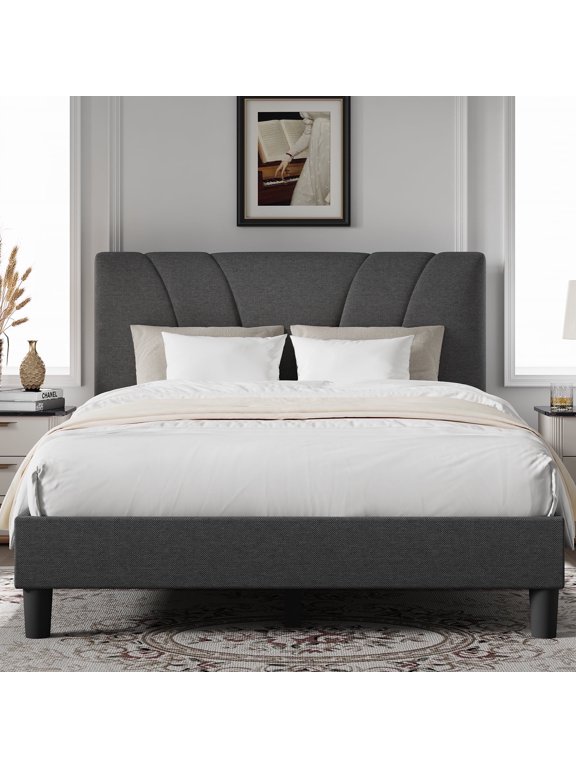 Queen Size Bed Frame Upholstered Platform Queen Bed Frame with Adjustable Headboard, Strong Weight Capacity, No Box Spring Needed, Easy Assembly, Grey
