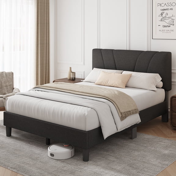 Novilla Queen Size Platform Bed Frame with Linen Fabric Adjustable Upholstered Headboard, No Box Spring Needed, Dark Gray