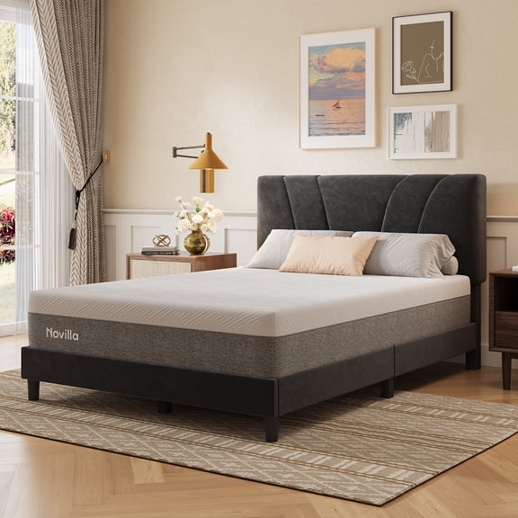 Novilla Queen Size Platform Bed Frame with Velvet Fabric Adjustable Upholstered Headboard, No Box Spring Needed, Black Velvet