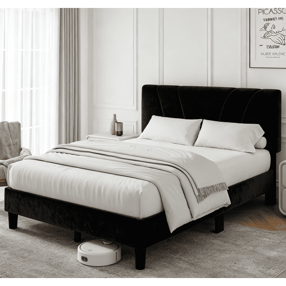 Novilla Queen Size Platform Bed Frame with Velvet Fabric Adjustable Upholstered Headboard, No Box Spring Needed, Black Velvet