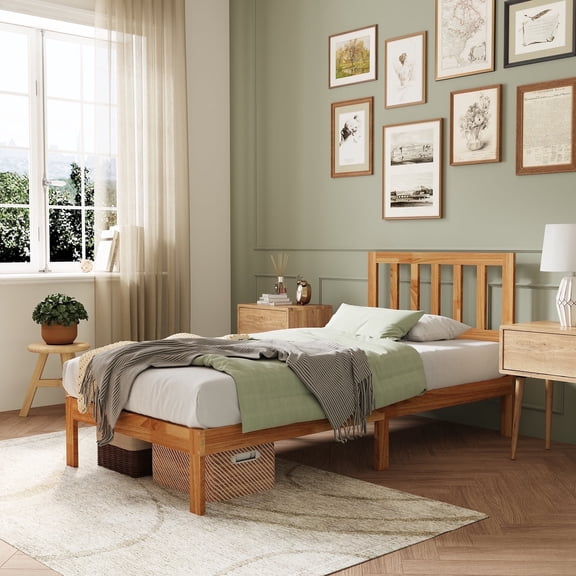 Novilla 12 Inch Twin Size Bed Frame Solid Wooden Twin Bed Frames with Headboard Wooden Classic Bed Frame Foundation, No Box Spring Needed, Easy Assembly, Natural Grain Wood
