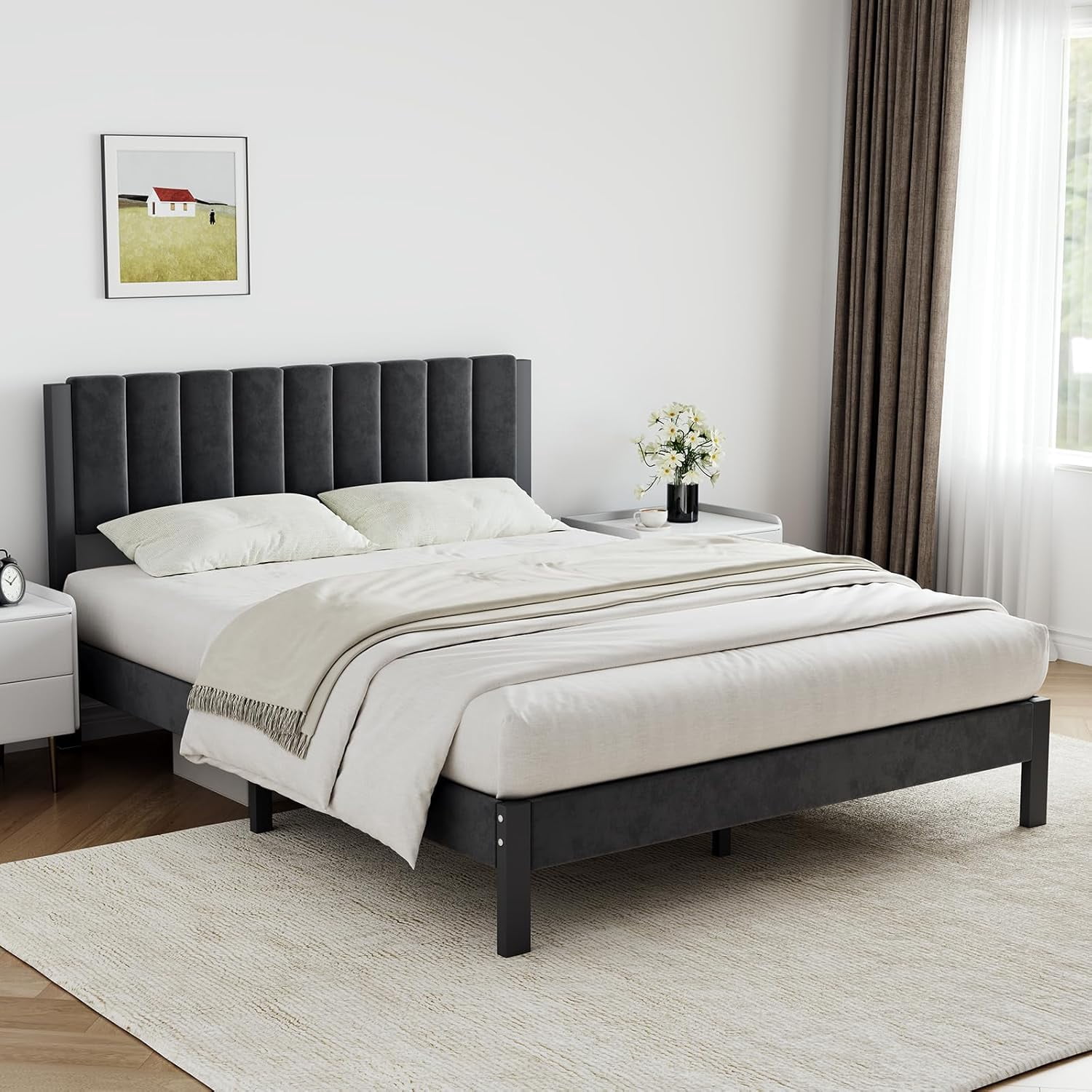 Novilla Twin Bed Frames with Piano Keys Headboard and Footboard, Metal Platform Bed Frame Twin Size, No Box Spring Needed, Easy Assembly, Steel Slats Support, Velvet Black