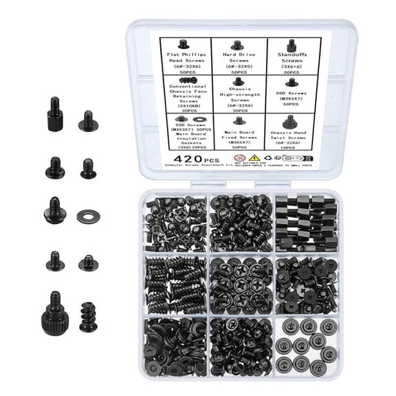 Novixy 420pcs Computer Screw Assortment Kit with Motherboard Standoffs, Carbon Steel PC Case Screws Set for Laptop SSD Fan HDD Repair and DIY Assembly