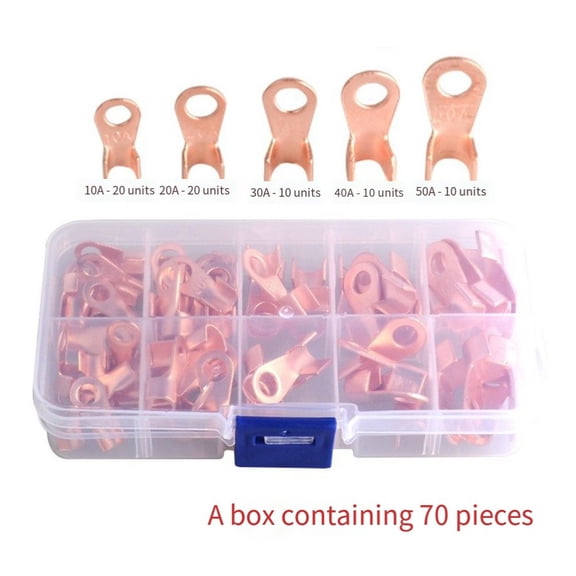 Novixy 70PCS Open Wire Crimp Connector Kit, Copper Ring Lug Terminals OT 10A-50A for High Current Electrical Wiring, Solderable Lugs with Storage Box