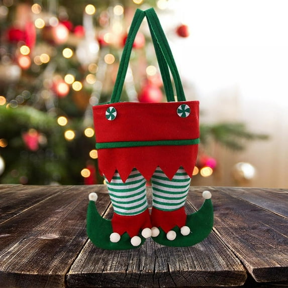 Novobey Christmas Elf Candy Bag and Treats Holders & Basket with Green Skirt and Candy Striped Stock for Xmas Elves Themed House Décor Idea Small Gift Bag to Kid and for Party Supplies
