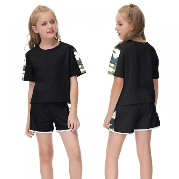 Novobey Kids Summer Sports Set Casual Short Sleeve Shorts Two Piece Set Girls Sports T-Shirt and Shorts Set Cotton Crew Neck Can be Used as Sportswear Pajamas Suitable for Girls 5-14 Years Old