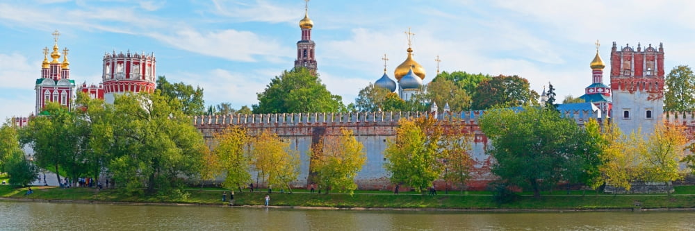 Novodevichy Convent and Cathedral Of Our Lady Of Smolensk along Moskva River Moscow Russia Canvas Art - Panoramic Images (27 x 9)