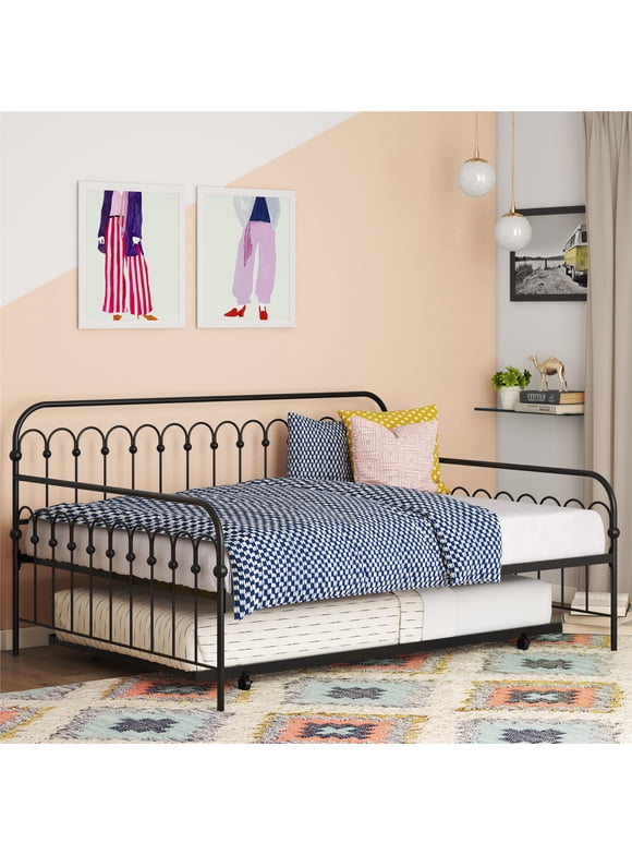 Novogratz Bright Pop Full Metal Daybed with Twin Trundle Bed, Black