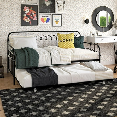 Novogratz Bright Pop Metal Daybed with Roll Out Trundle - Chic, Stylish, Space-Saving Design - Includes Sturdy Steel Slats (Black, Twin)
