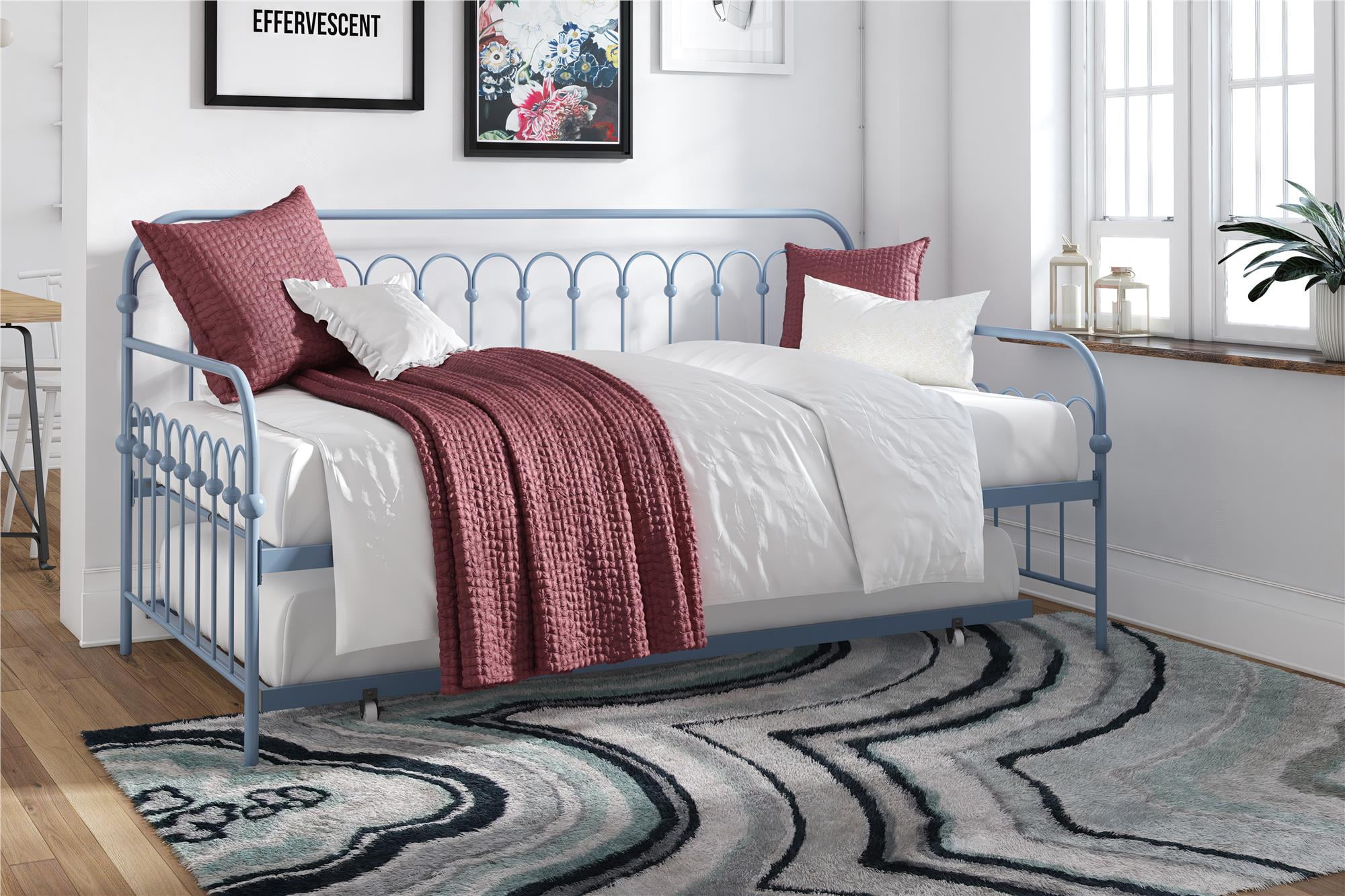 Stone Blue Twin Metal Daybed with Trundle and Slats