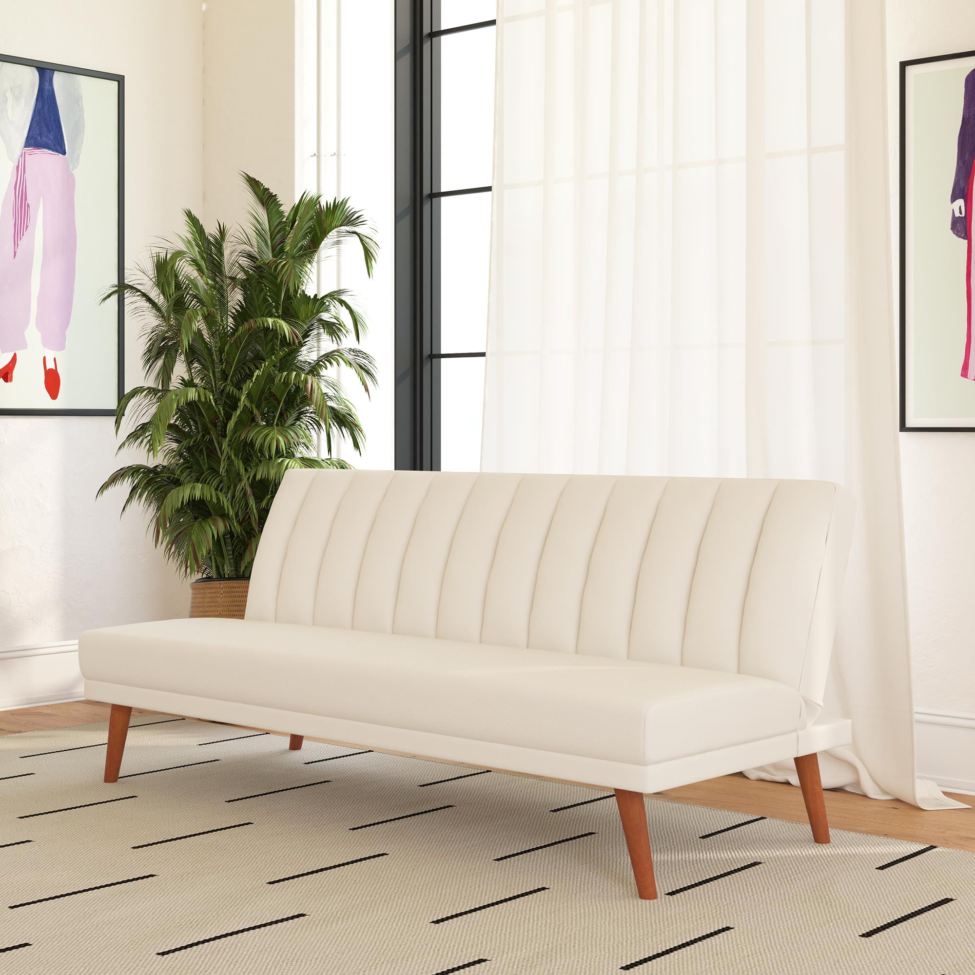 Novogratz Brittany Armless Futon, Sofa Lounger and Sleeper with Hideaway Support Legs, White