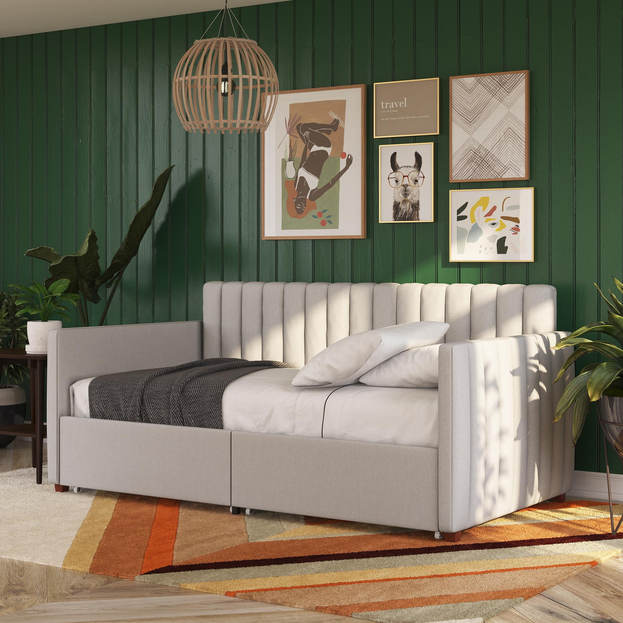Twin Gray Linen Upholstered Daybed with Storage Drawers
