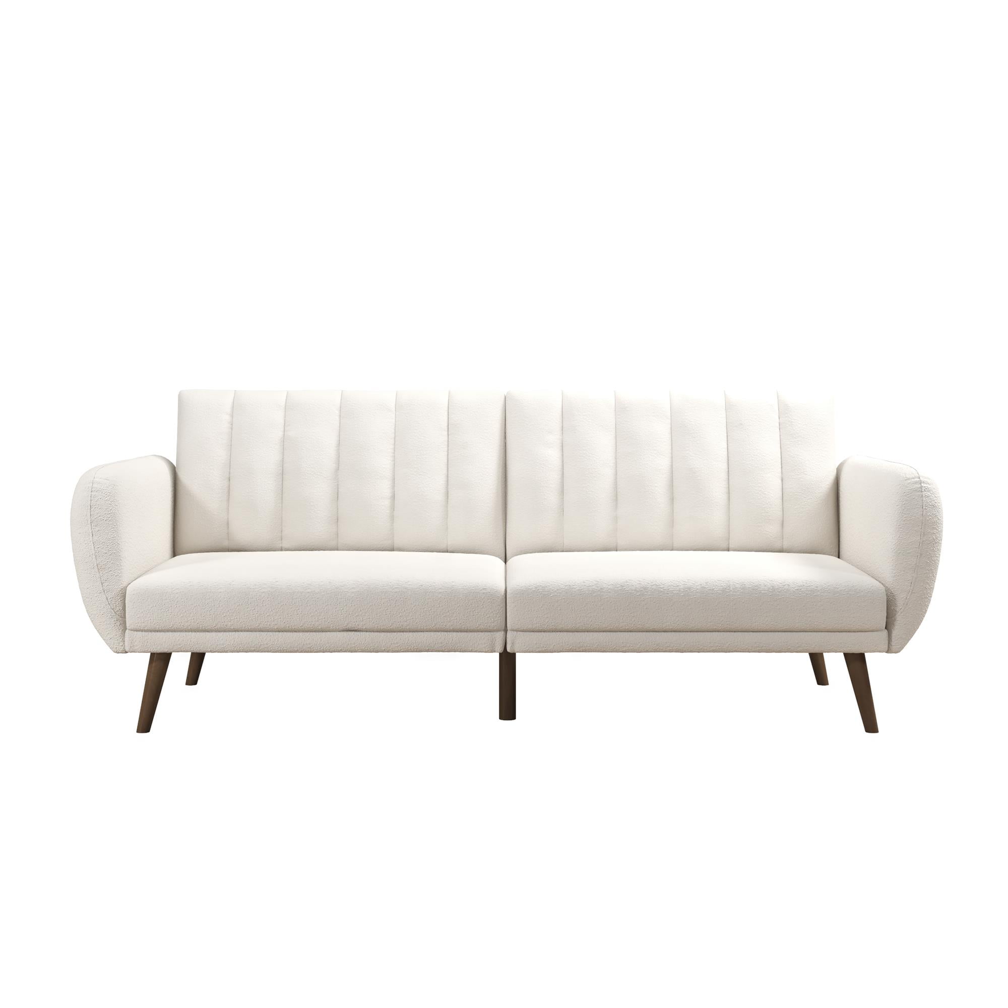 Ivory Boucle Faux Leather Convertible Sleeper Sofa with Wood Legs