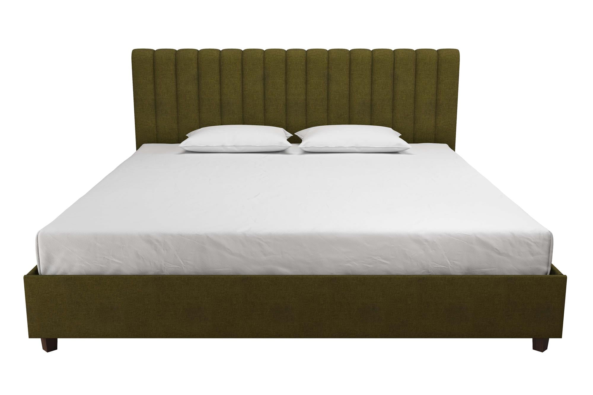 King Green Linen Upholstered Platform Bed with Oak Legs