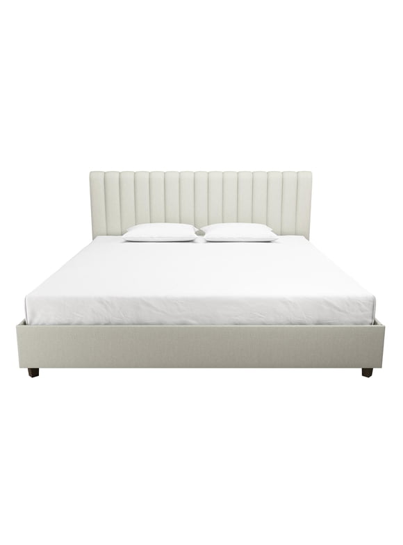 Novogratz Brittany Tufted Upholstered Bed Frame, King, Light Grey Linen