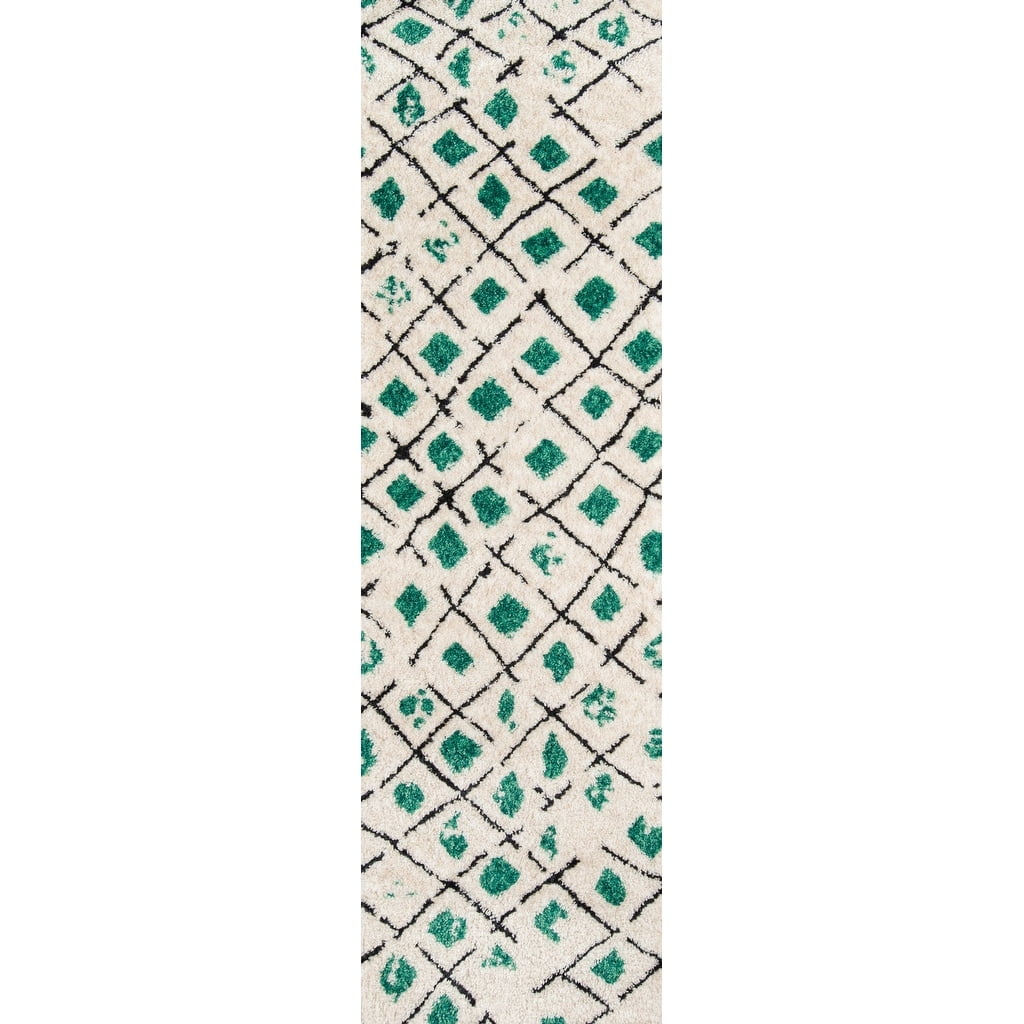 Handmade Geometric Green and White Polyester Runner Rug
