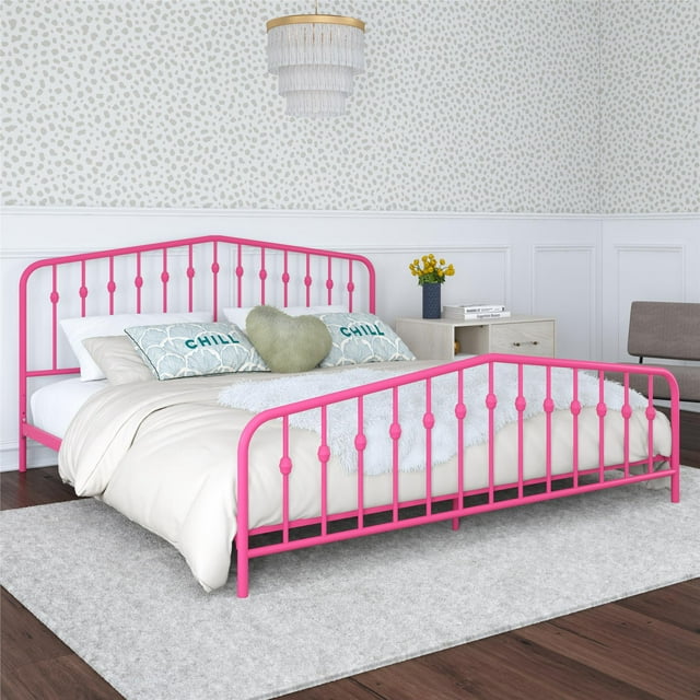 Novogratz Bushwick Metal Platform Bed Frame with Headboard, King, Hot Pink