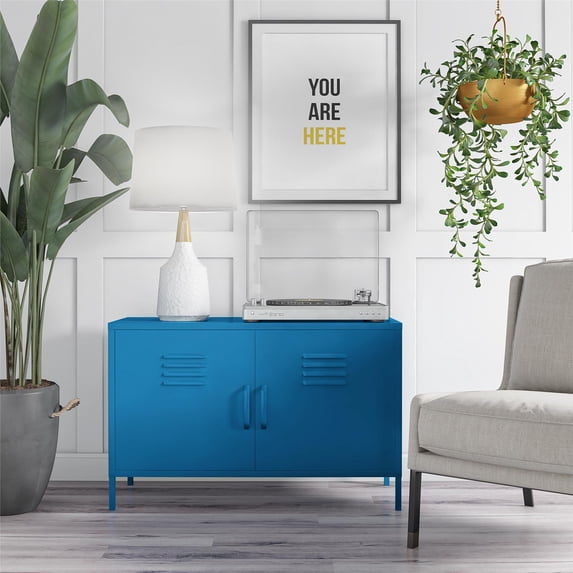 Novogratz Cache 2 Door Wide Metal Locker Accent Storage Cabinet, Bright Blue