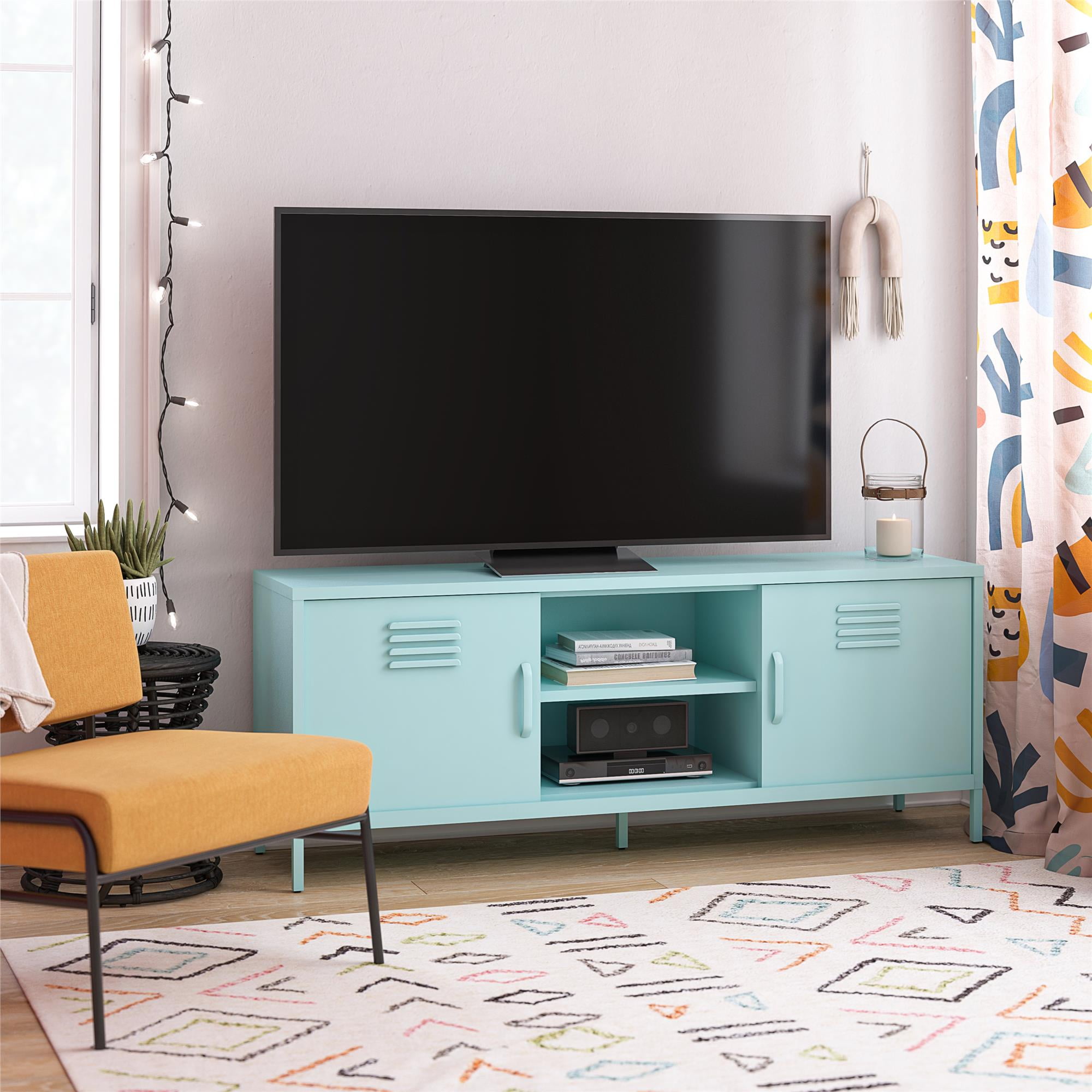 Mint Powder-Coated Metal TV Stand with Sliding Doors