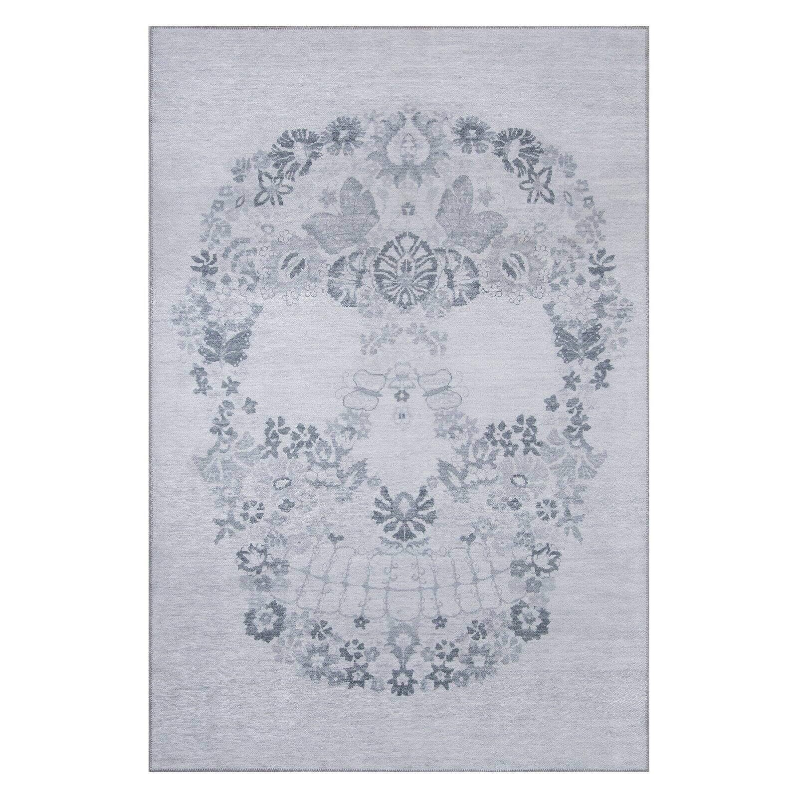 Gray Hand-Knotted Synthetic Skull Area Rug 5' x 7'