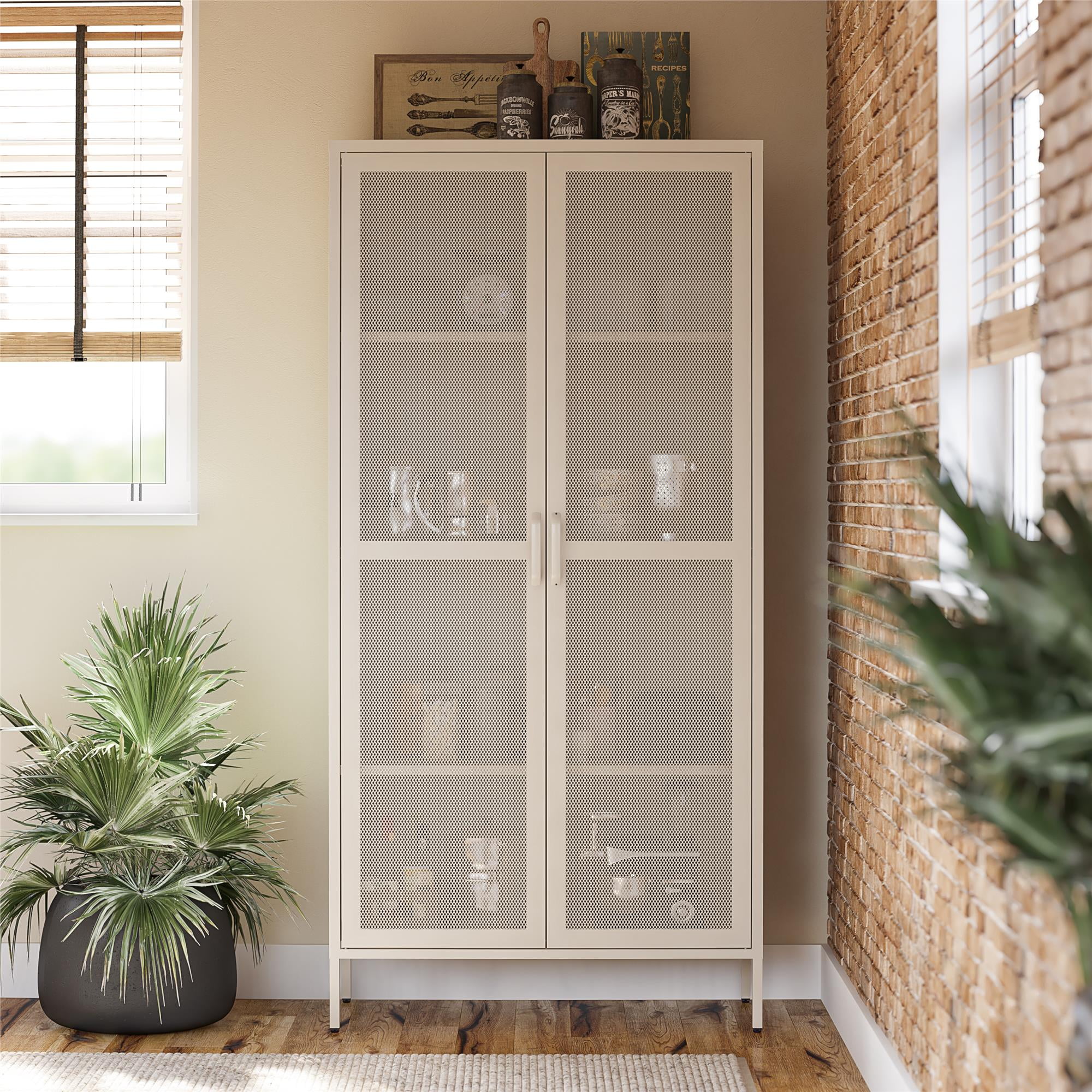 Tall Parchment Steel 2-Door Mesh Bathroom Storage Cabinet